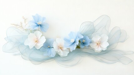   A group of blue and white flowers resting atop blue and white sheered cloth on a white wall