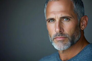 Obraz premium Mature man with gray hair and beard looking confidently into the camera in a studio setting