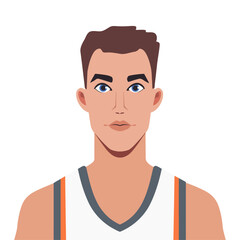 A modern vector portrait of a young basketball player wearing a white jersey with orange stripes, showcasing confidence and focus with bright blue eyes and a clean design