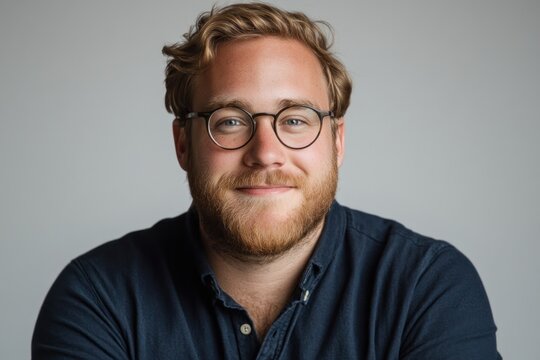 Young man with glasses smiles warmly against a neutral backdrop in a casual setting