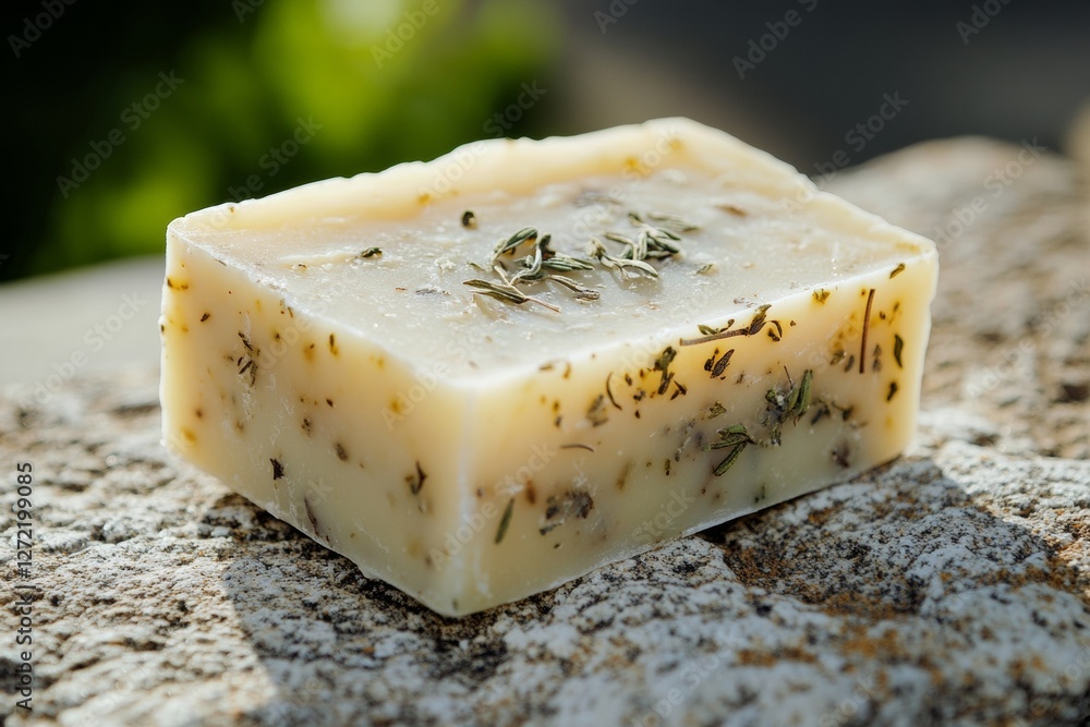 Poster handmade soap featuring embedded herbs rests on a natural stone surface, capturing the earthy aesthe
