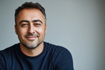 Fototapeta premium Smiling man with short hair wearing a dark sweater against a gray background