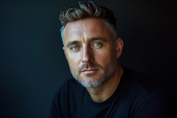 Obraz premium Man with blue eyes and short gray hair poses against a dark background in a simple black shirt