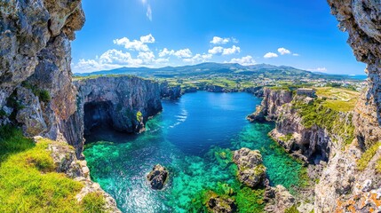 Obraz premium Turquoise sea cove framed by rugged rocky cliffs under a bright blue sky on a sunny day.