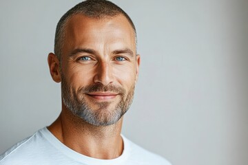 Fototapeta premium Smiling man with short beard and blue eyes posing in a casual white t-shirt against a light background