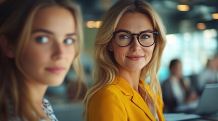 Fototapeta premium Two women engaged in conversation at a modern office environment during the day