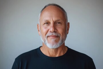 Obraz premium Elderly man with a gray beard wearing a black shirt poses against a neutral background