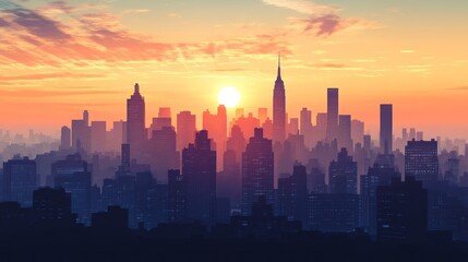 City skyline sunset, urban landscape, hazy sunrise