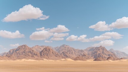 Naklejka premium Stunning Desert Landscape with Rocky Mountains and Fluffy Clouds Under a Clear Blue Sky