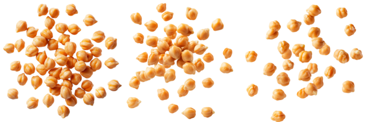 Dried chickpeas isolated on a transparent background. Scattered raw garbanzo beans, organic legumes for healthy cooking and plant-based diets.