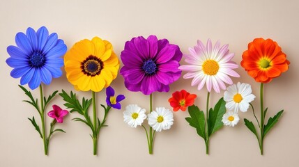 Fototapeta premium A row of flowers with different colors and sizes. The flowers are arranged in a way that they look like they are growing out of a wall. Concept of growth and beauty