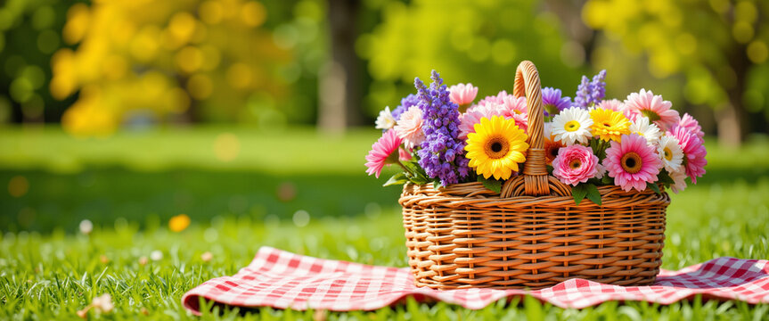 Basket of vibrant flowers on a picnic blanket in a sunny green park conveying a cheerful spring ambiance