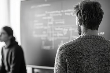 A person looks at a whiteboard filled with diagrams and equations, while another person is blurred in the foreground.