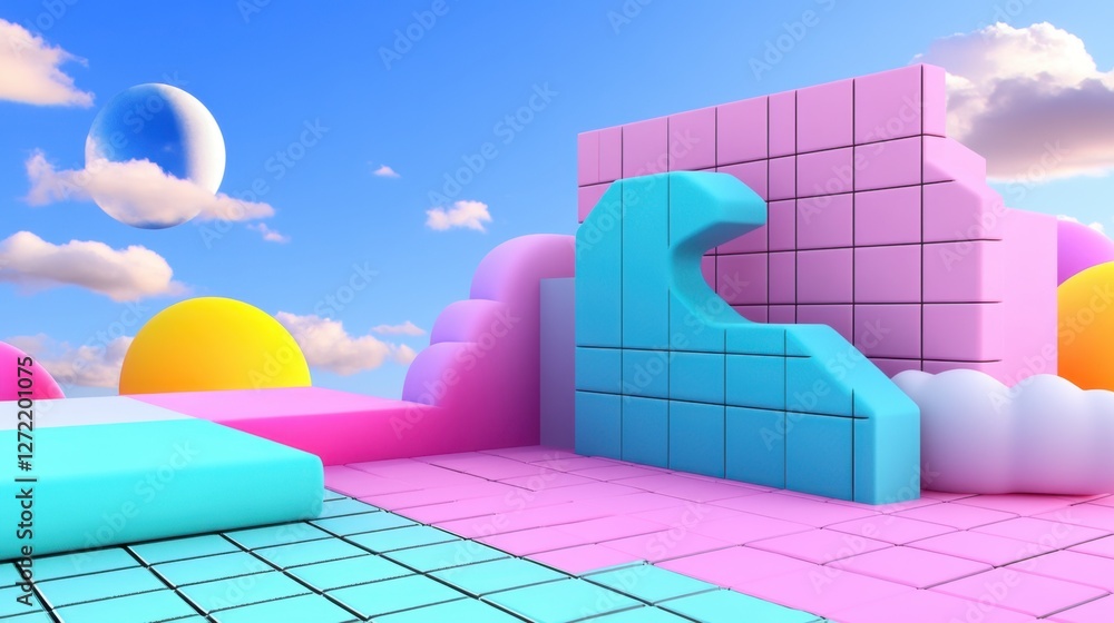 Poster neon silver & pastel green floating architecture â€“ soft metallic geometric patterns hovering in a 