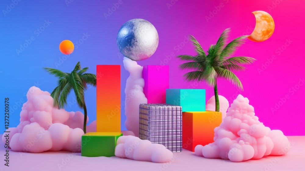 Aufkleber neon silver & pastel green floating architecture soft metallic geometric patterns hovering in a vapo