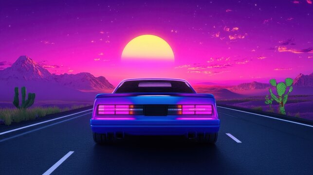 Mounting vibes 80s style illustration with retro car driving into the sunset. Back car view