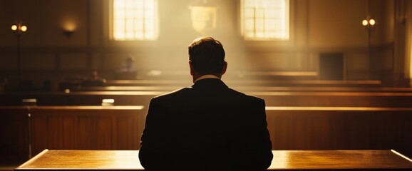 Defendant sits in the dock, facing judgment in a courtroom filled with soft, dramatic lighting. The benches remain empty, amplifying the tension of the moment