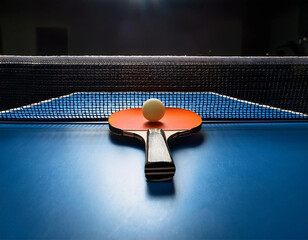 Table Tennis Paddle and Ball on Blue Court