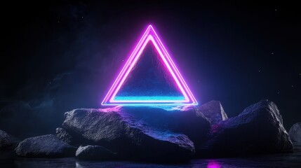 Synthwave Sci-Fi Triangle Prism World floating, glowing neon pyramids spinning over a cosmic grid.