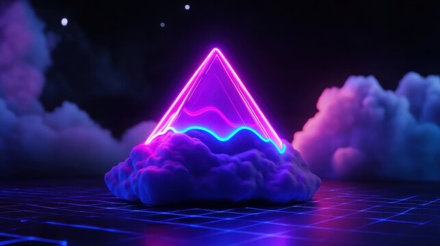 Synthwave Sci-Fi Triangle Prism World floating, glowing neon pyramids spinning over a cosmic grid. - Powered by Adobe
