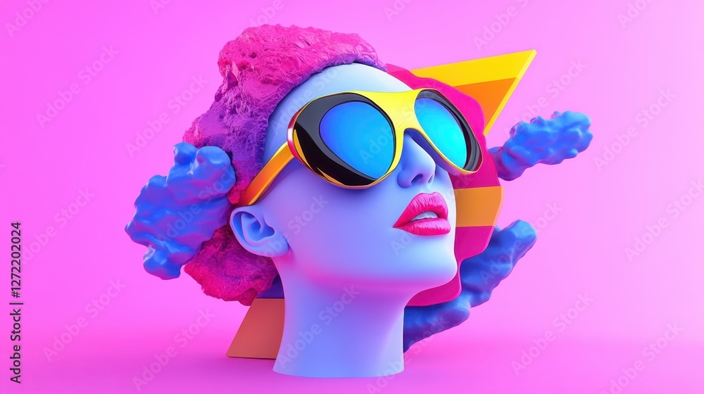 Poster surreal 90s digital glitch vibes distorted geometric figures shifting in a vaporwave-style cyber wor