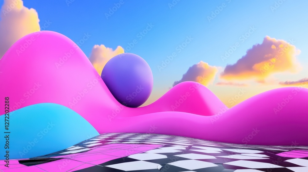 Poster sci-fi retro techno grid pulsating pink and purple abstract geometric patterns over a futuristic wir