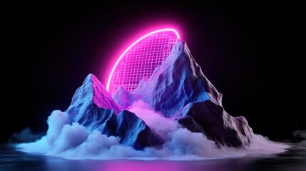 Retro Sci-Fi Neon Gridscape bold pink and purple geometric mountains with glowing dotted grid patterns.