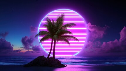 Palm trees and sunset on the beach in 90s style on weekend retro sci fi vibes