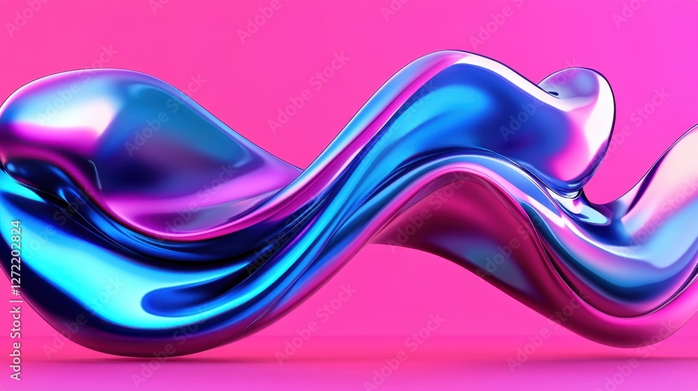 Poster holographic wave patterns undulating abstract pink and purple forms with a dynamic retro-futuristic 