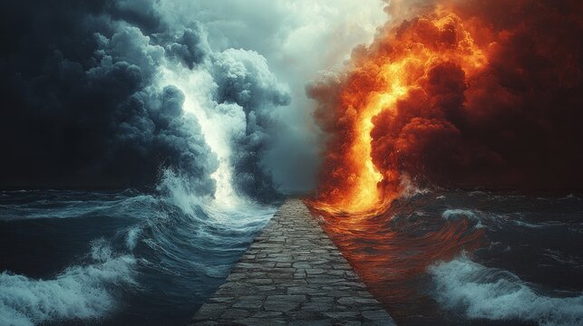 Stone path between stormy seas, fire clouds