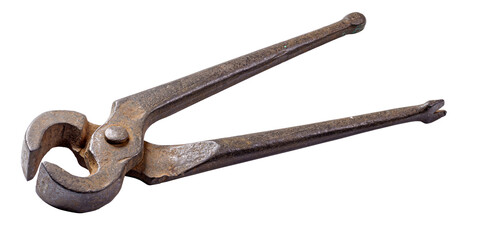 Rusty old pliers with open side on white