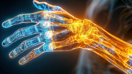   An X-ray image of a hand with a glowing yellow and blue light emanating from the palm