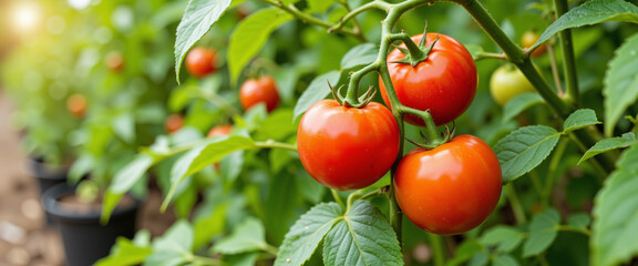 Ripe red tomatoes surrounded by vibrant green leaves convey a sense of freshness and abundance, growing in a lush garden setting with soft sunlight illuminating the scene