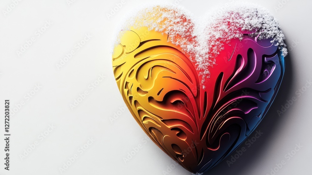 Poster a colorful heart with snowflakes on it. the heart is made of different colors and has a unique desig