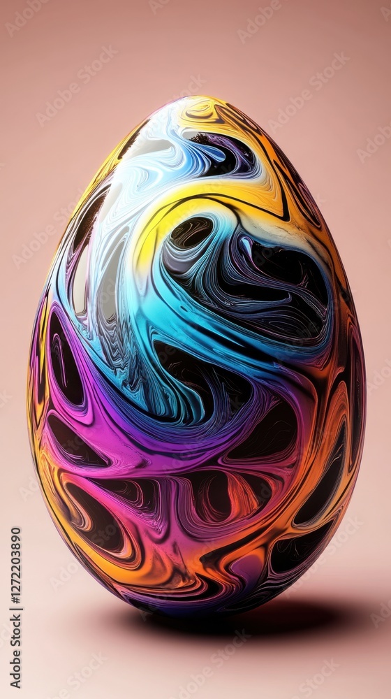 Poster a colorful egg with a swirl pattern on it. the egg is placed on a table. the colors of the egg are b