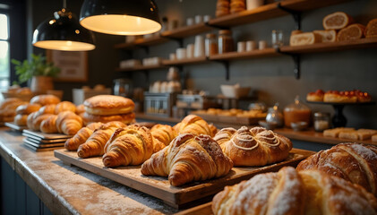 Rustic Bakery Counter Filled with Fresh Pastries, Creating a Cozy and Inviting Ambiance
