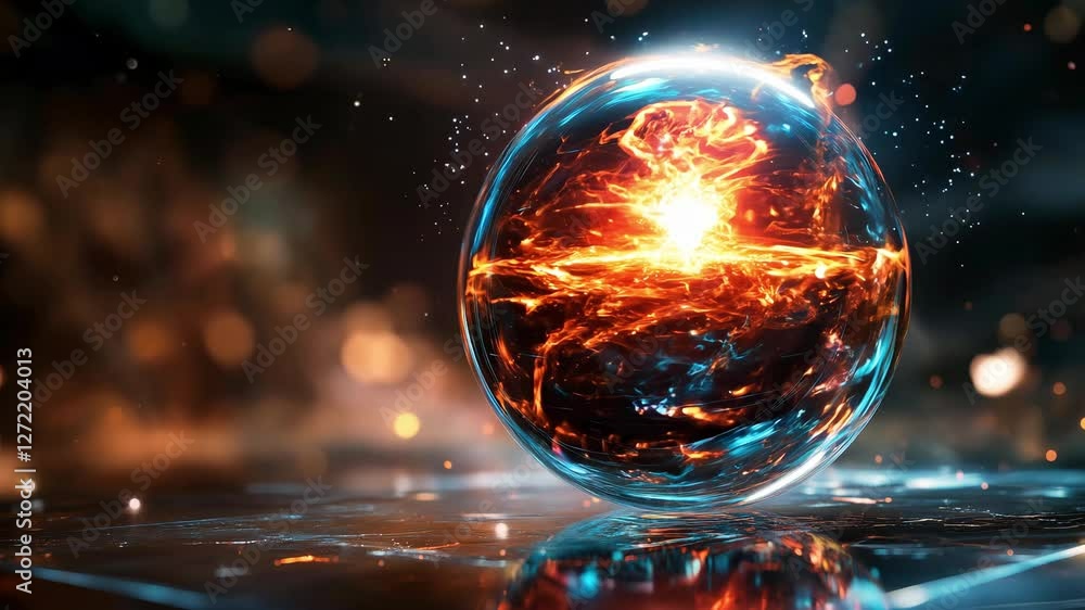 Poster the animated sphere showcases an interplay of fire and water, creating a vibrant display of swirling