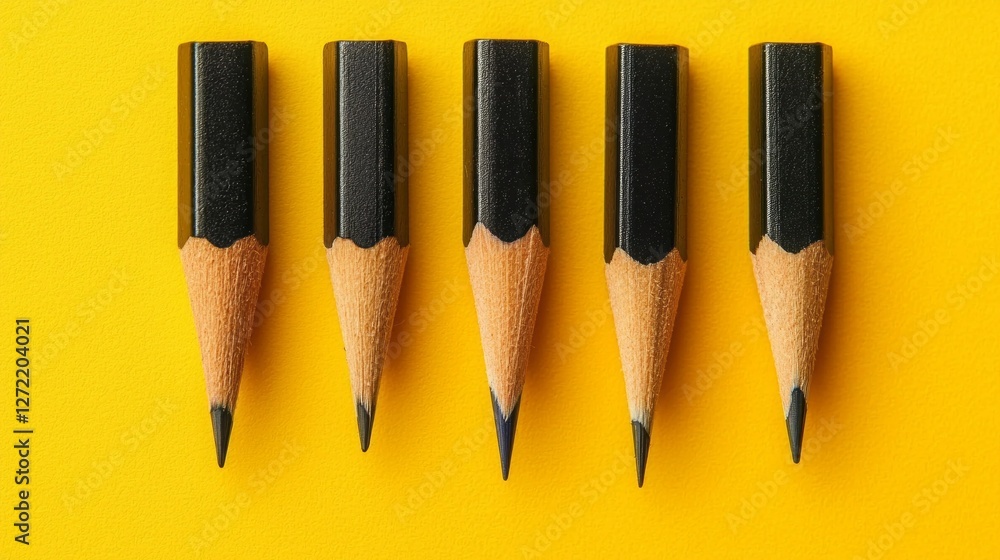 Aufkleber a striking display of five sharpened graphite pencils lined up neatly against a bright yellow backgr