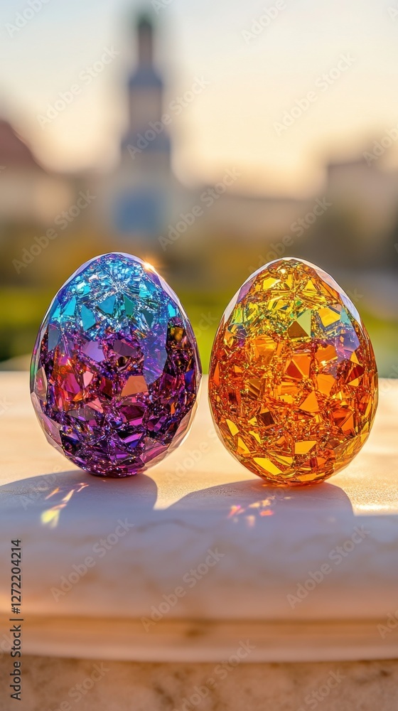 Poster two colorful eggs with glitter on them sit on a white marble surface. the eggs are placed close to e