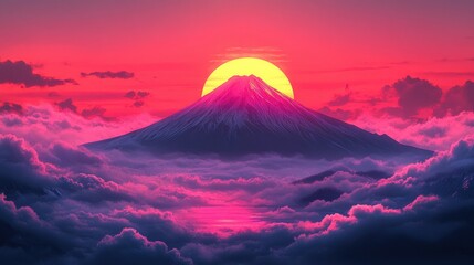Landscape Fujiyama mountain Japan in vapor wave synth background , ai generative.