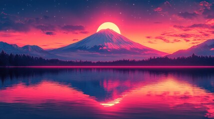Landscape Fujiyama mountain Japan in vapor wave synth background , ai generative. Vaporwave. Illustration
