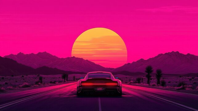 80s synthwave styled landscape with road and modern car