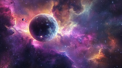 Obraz premium Colorful space nebula with planet, cosmic landscape, scientific visualization