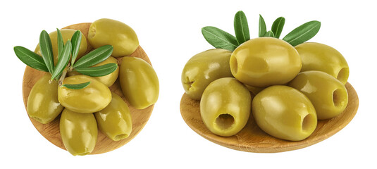 Green olives with leaves in wooden bowl isolated on a white background with full depth of field....