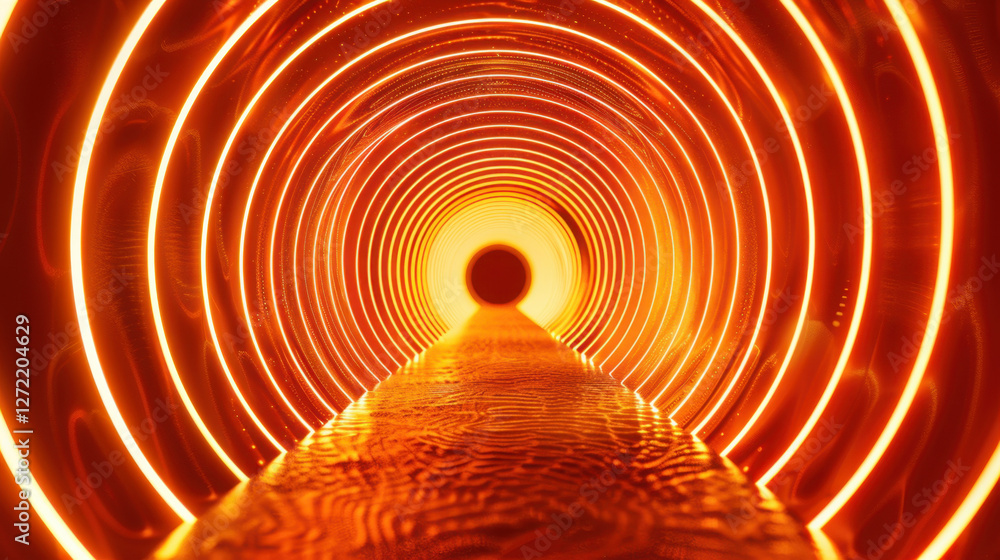 Poster glowing tunnel with circular patterns and warm orange light creates mesmerizing visual effect, leadi