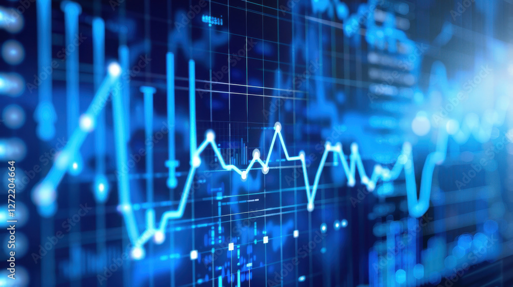 Poster digital data visualization with blue graphs and charts representing analytics and trends. image conv