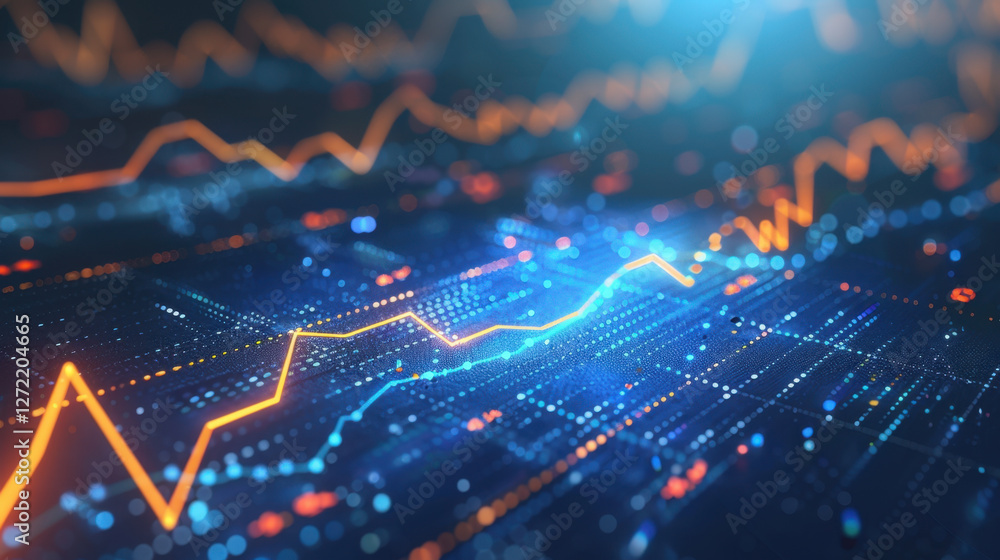 Poster digital data visualization with glowing lines and graphs representing trends