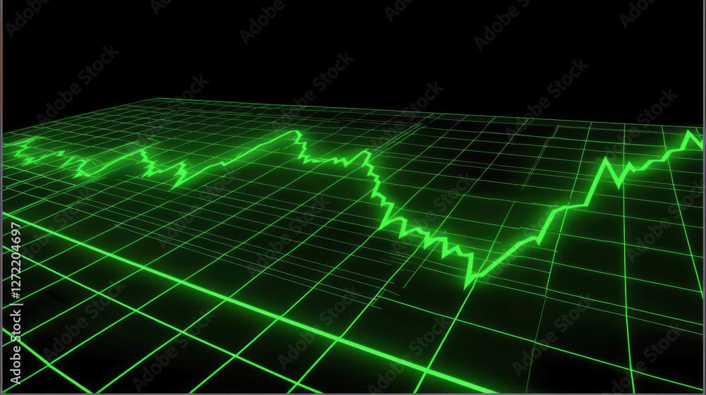 Poster digital green graph displaying fluctuating data trends on black background, representing financial o