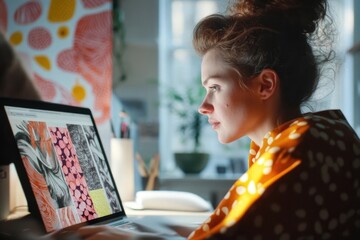 Woman reviewing abstract art designs on laptop screen, focused and engrossed in creative work.