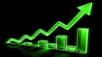 Obraz premium glowing green graph showing upward trend, symbolizing growth and success in business or finance. bars and line represent increasing values over time